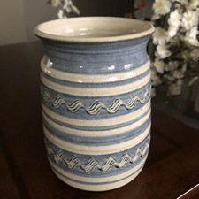 Studio Art Pottery Signed Cs Ivory Blue Striped Zig Zag 5.5” Jar Vase