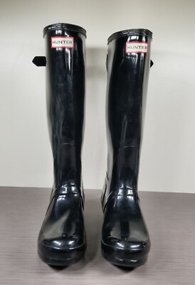 Hunter Tall Back Adjustable Rain Boots, Black Gloss, Womens