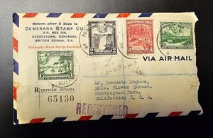 BRITISH GUIANA 1949 Registered Cover Sent to California from Demerara Stamp Co