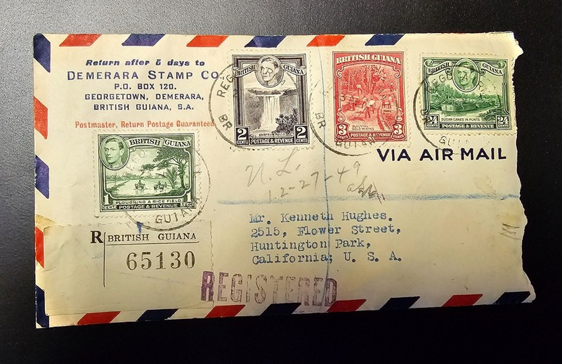BRITISH GUIANA 1949 Registered Cover Sent to California from Demerara Stamp Co