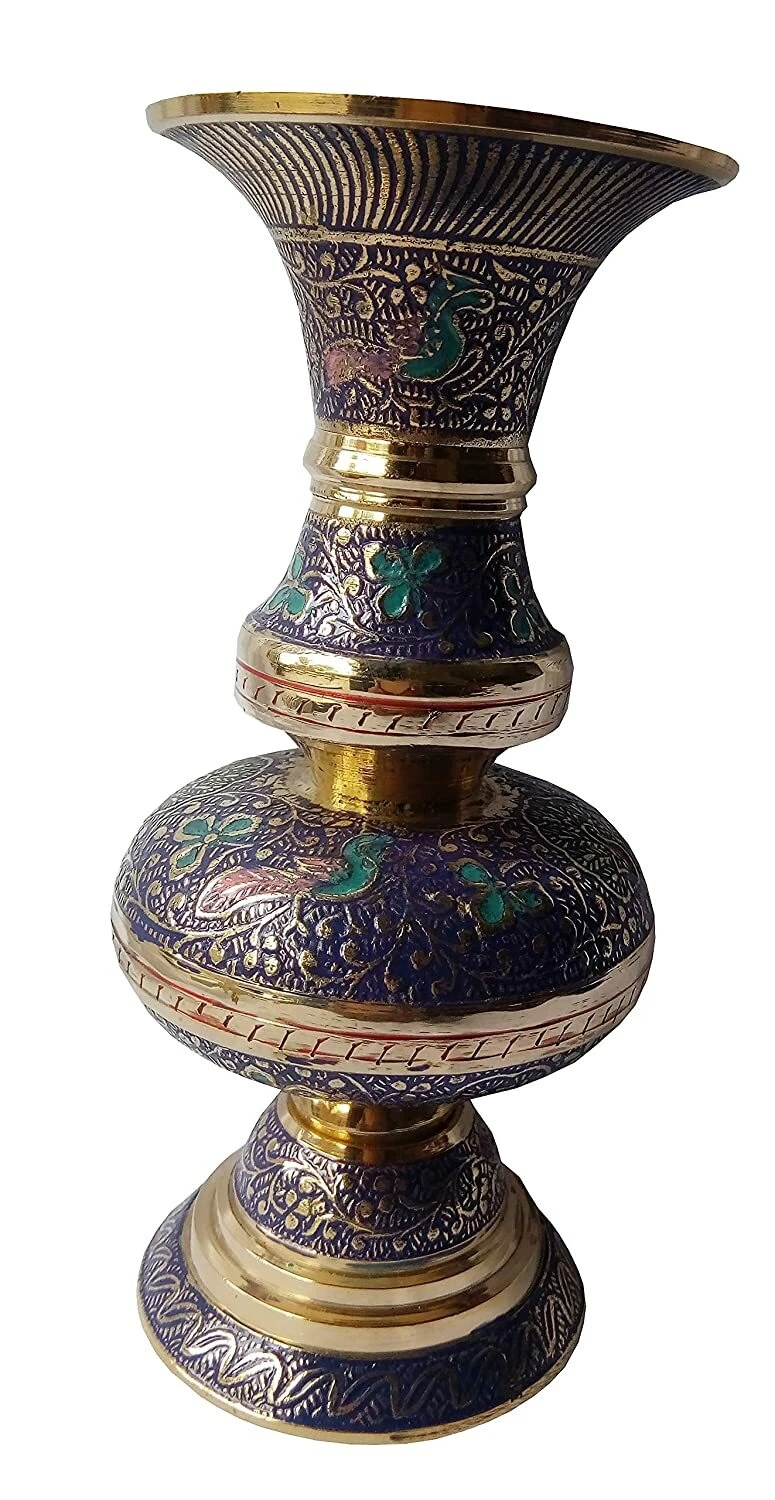 Vase À Fleurs En Laiton Avec Motif Matki De Couleur Bleu Marine Fait Main 17 Cm