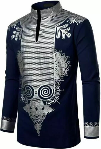 Hot Men Print Shirt African Dashiki Luxury Tribal Metallic Gold Top Blouse Shirt - Picture 1 of 17