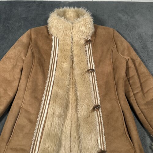 Penny Lane Coat Womans Medium Tan Faux Suede Shearling Fur Toggle Mob Wife - Picture 3 of 18