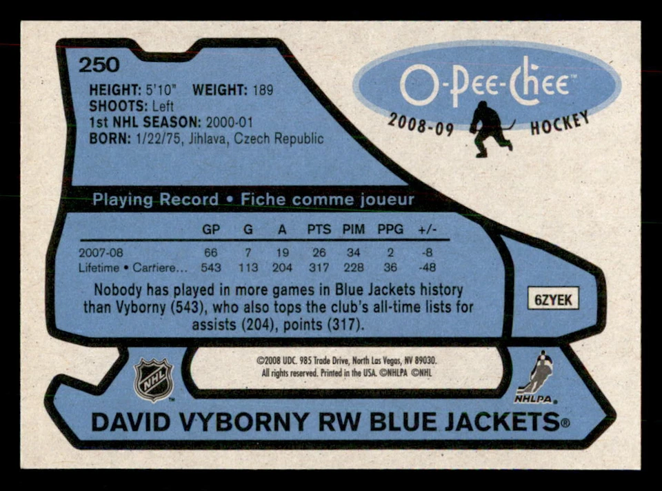2008-09 O-Pee-Chee 1979-80 Retro #250 David Vyborny Columbus Blue Jackets - Image 2 of 2