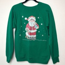 Vintage Hanes Sport M Green Christmas Sweatshirt Santa Bear Graphic Holiday