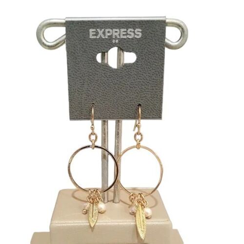 Express Women's Gold Plated Leaf Pearl Charm Hook Frontal Hoop Earrings NWT