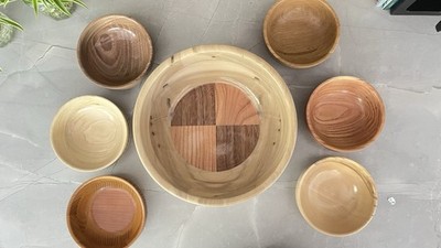 Wooden Salad Bowl 7 Piece Set Unique Handmade Using Various Wood