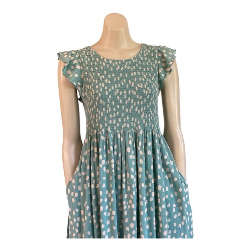 Mister Zimi Abbie Midi Dress Sz 12 Shirred Top Flutter Sleeve Pockets Green Spot - Picture 6 of 11