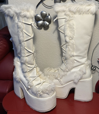 Demonia Camel Platform Knee High Boots Chunky Heel Faux Fur Trim Size 10