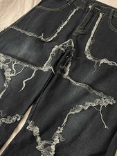 Patchwork Jeans – Raw Hem Denim – Y2K-streetwear-custom– Baggy Grunge Dark Blue.