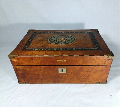 Antique Victorian Birdseye Maple Veneer Writing Slope Desk Box Brass M.O.P Inlay