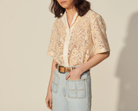 Sandro Paris Hemd Ecru Floral Short Sleeve Gr. 0 Xs Damen Bluse Baumwolle Top