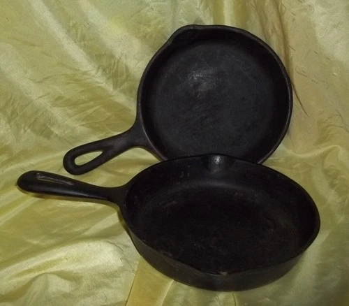2 Vintage Cast Iron Skillets 6.5" each one is marked WAGNER one is unmarked GOOD