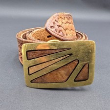 Vintage Tooled Leather Belt Solid Brass Buckle Wood Inlay Geometric Scalloped