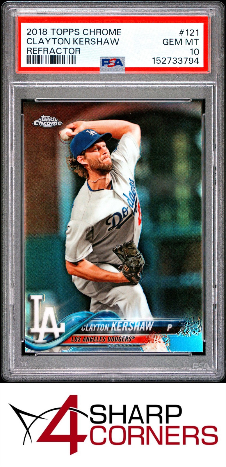2018 TOPPS CHROME REFRACTOR #121 CLAYTON KERSHAW PSA 10