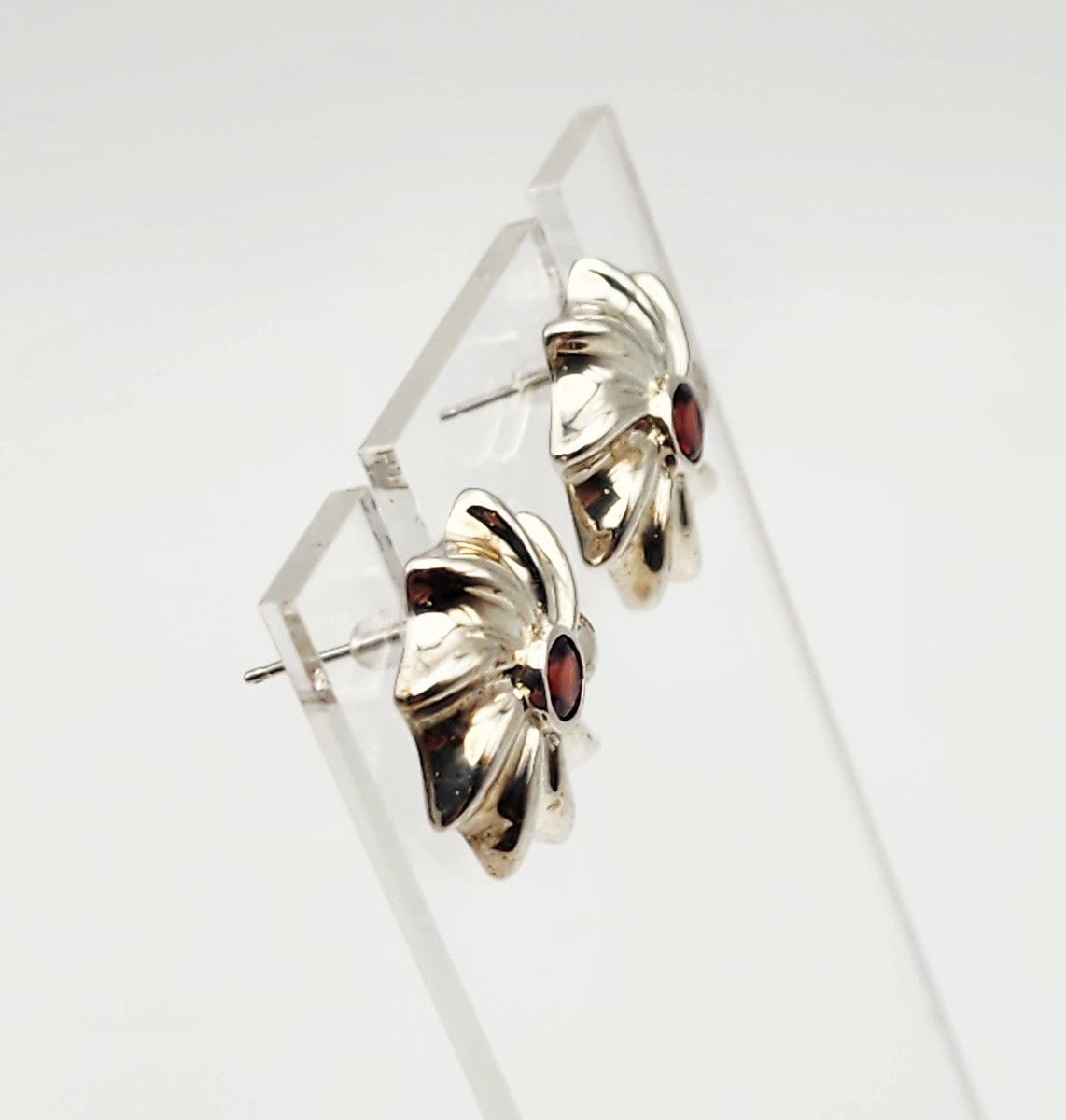 CA Vintage Sterling Silver Garnet Floral Design Stud Earrings View 4
