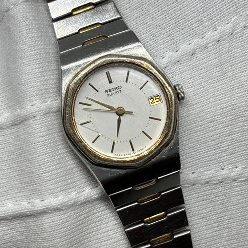 Seiko Watch Women’s 22mm White Dial Two Tone Date Round 2A22-0100 New Battery!