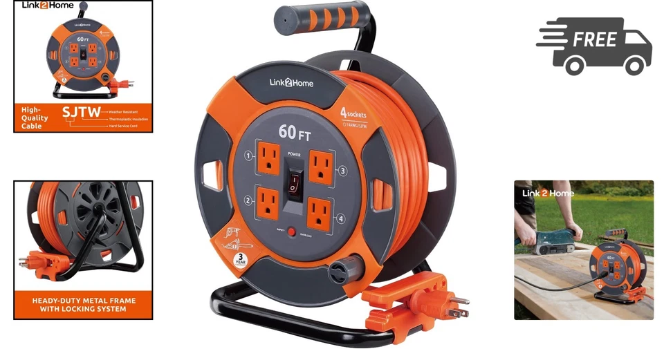 Extension Cord Reel 60 ft Heavy Duty Power Cord Outlets 14 AWG SJTW - Image 2 of 4