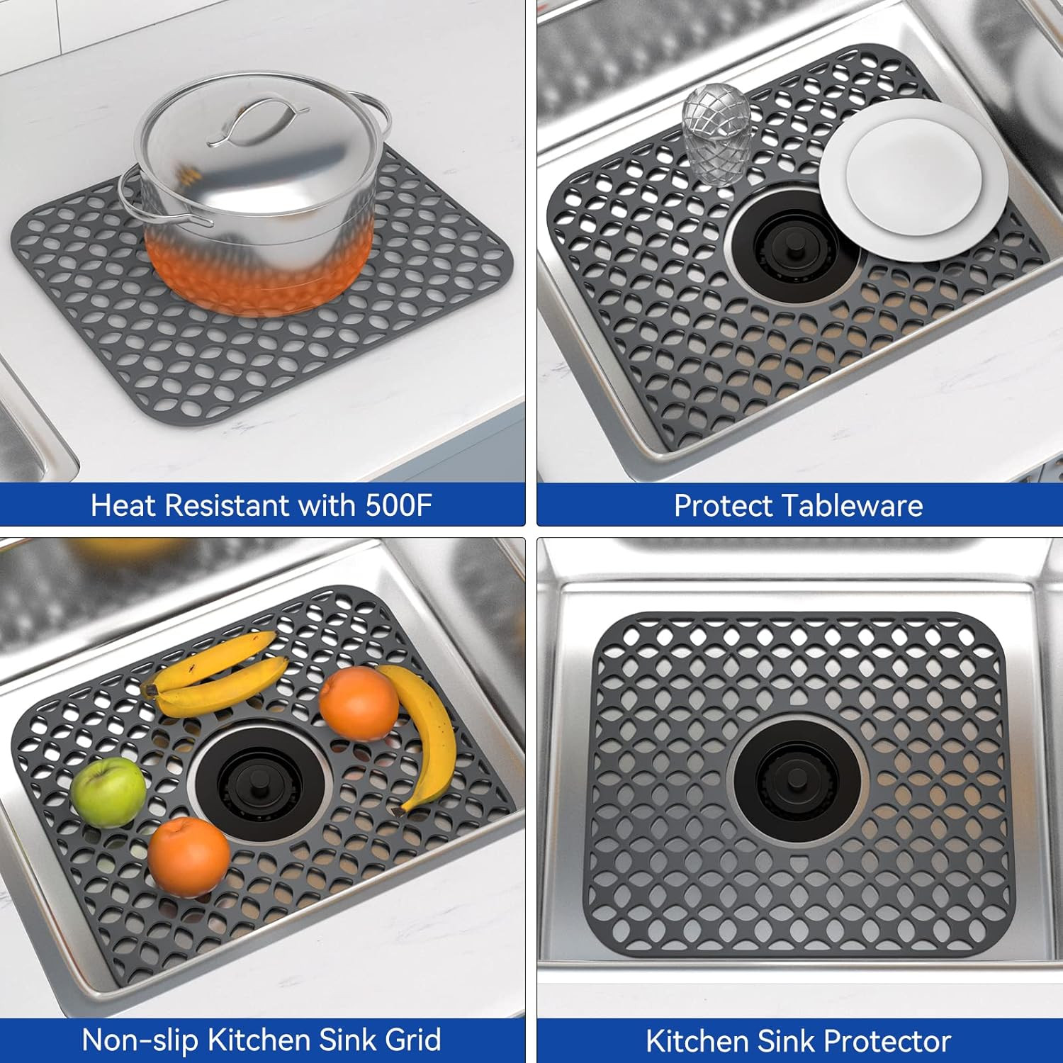 Kitchen Sink Mats, TOOVEM 2PCS Non-Slip Heat Resistant Silicone Sink Protector M