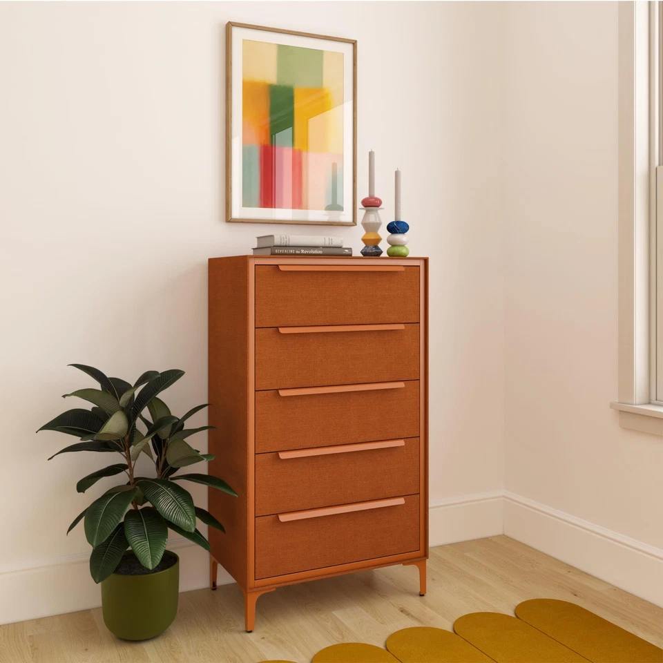 Cómoda de tela premium Naima - Marco de metal fuerte, 5 amplios cajones a prueba de flacidez... Foto 2 de 4