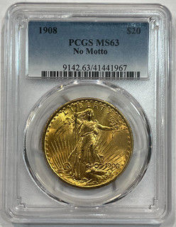 1908 No Motto PCGS MS63 $20 Saint Gaudens Gold Double Eagle