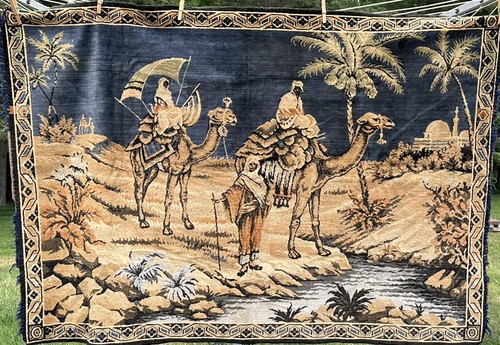 Antique Tapestry Wall Hanging 56X 38" Velour Arabian Travelers Camels Sahara - Picture 12 of 13