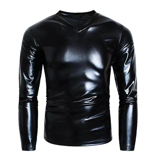 7XL Plus Size Mens Shiny Soft Leather Long Sleeve Shirts V-neck Design Stretch T - Picture 14 of 14
