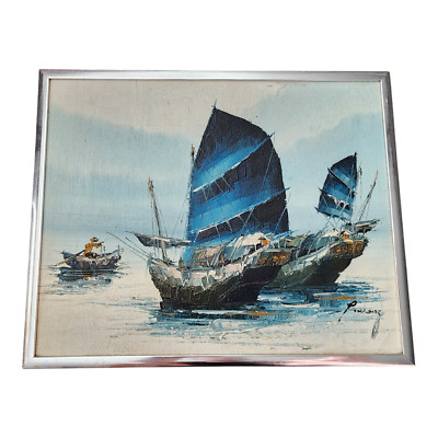 Vintage P. Wong Oil Painting Sailboats At Sea w/Certification