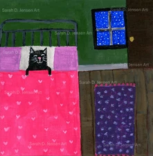 4x4in Giclée Print of Painting Lovable Sleeping Cute Black Cat Animal Naïve Art