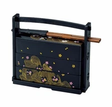 Japanese Sakura Lunch Bento Box w/Chopsticks Three Tiers Black S-1951