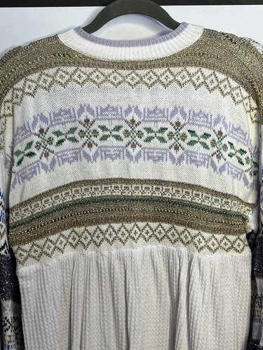 Free People Sweater Tunic Top Womens M Fair isle Ballon Sleeve Relaxed Bohemian - Picture 8 of 12