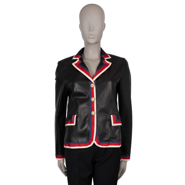 70954 Auth GUCCI Black Leather 2017 BLIND FOR LOVE Blazer Jacket 44 L