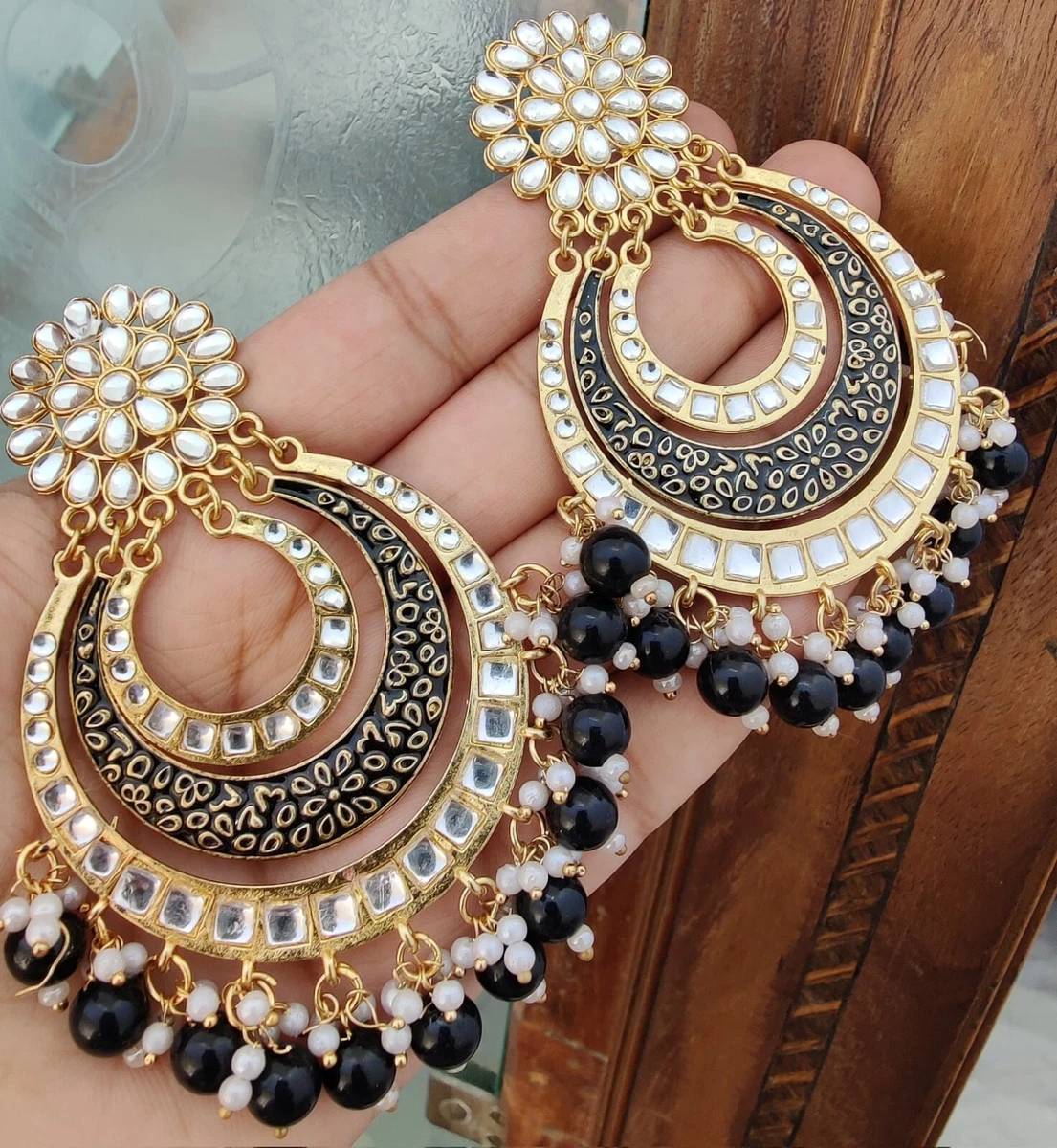 Indian Gold Plated Bollywood Style Kundan Chandbali Earrings Black
