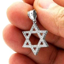 14K White Gold Star of David Religious Pendant 1.2" with 1CT Gem Accent