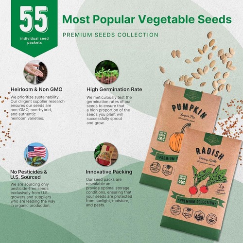 55 Vegetable Seeds Variety Pack - 35,600+ Non-GMO Heirloom Seeds for Planting - Picture 2 of 7