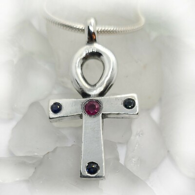 Ankh Egyptian Cross with Ruby and Sapphires Stone Silver Necklace 