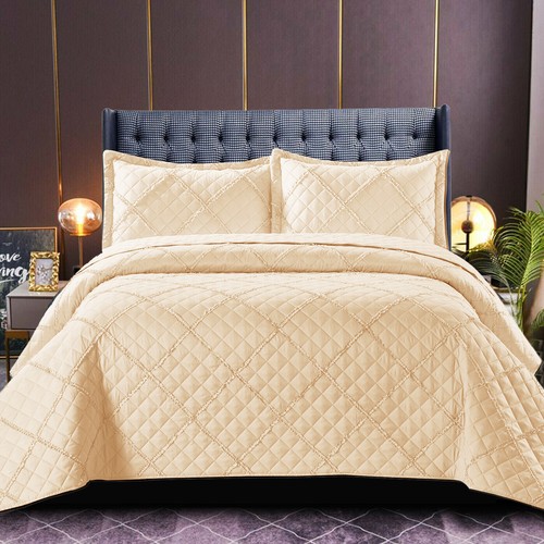 3 Piece Embossed Quilted Bedspread Throw Single Double King Size Bedding Set - Picture 29 of 33