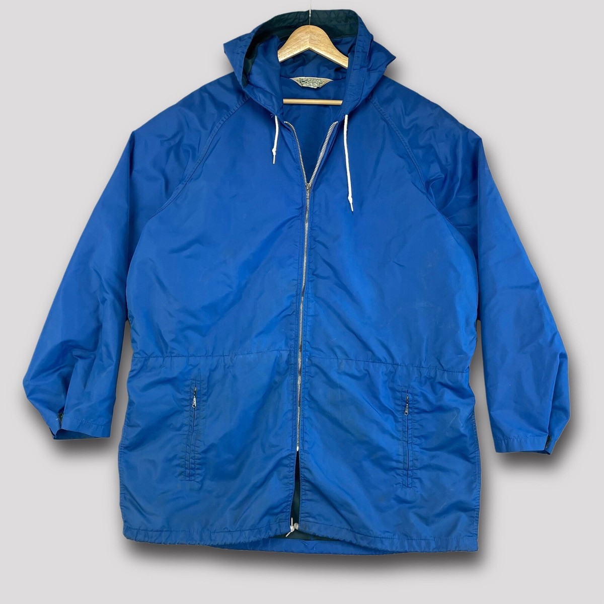 VTG 70s REI Rain Jacket Mens XL Blue Hooded Long Retro Nylon Full