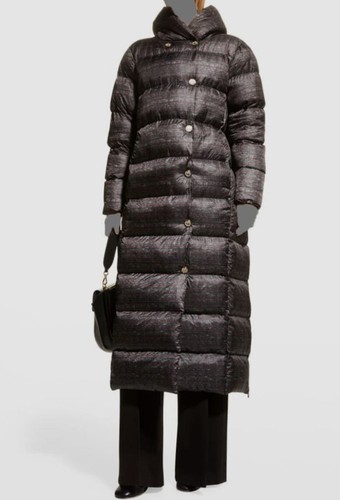 $3395 Maison Common Women Black Hooded Tweed-Print Long Puffer Coat Jacket Sz M