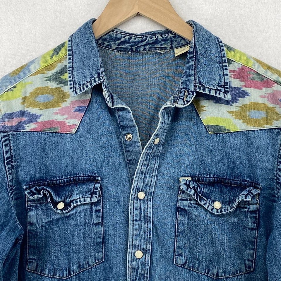 Camisa SALT VALLEY Hombres M Western Azteca Tribal Denim Perla Botón a Presión Algodón Azul Foto 3 de 4