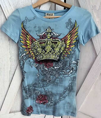 New Vocal Apparel Womens Crystal Blue Crown Wings Colorful T Shirt S Small Biker