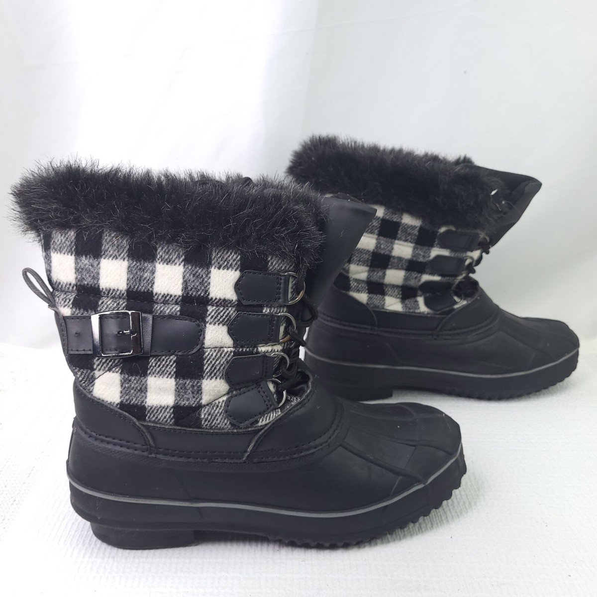 Torrid Black Plaid Faux Fur Trim Lace Duck Boots Ankle Booties