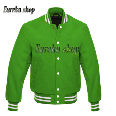 Varsity Letterman Baseball Bomber Style Jacket all Wool Kelly Green & White Trim