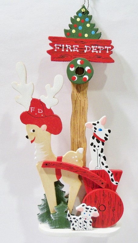 Emgee Hawaii Fire Department Reindeer Dalmatians Cart Wooden Wood Vntg Ornament