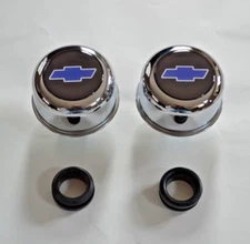 Chrome Valve Cover Breathers & Grommets CHEVY BLUE BOWTIE SYMBOL LOGO NEW SET