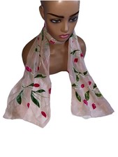 Vintage Retro Chic Pink Green Tulip Flower Print Scarf Foulard Chiffon Velvet
