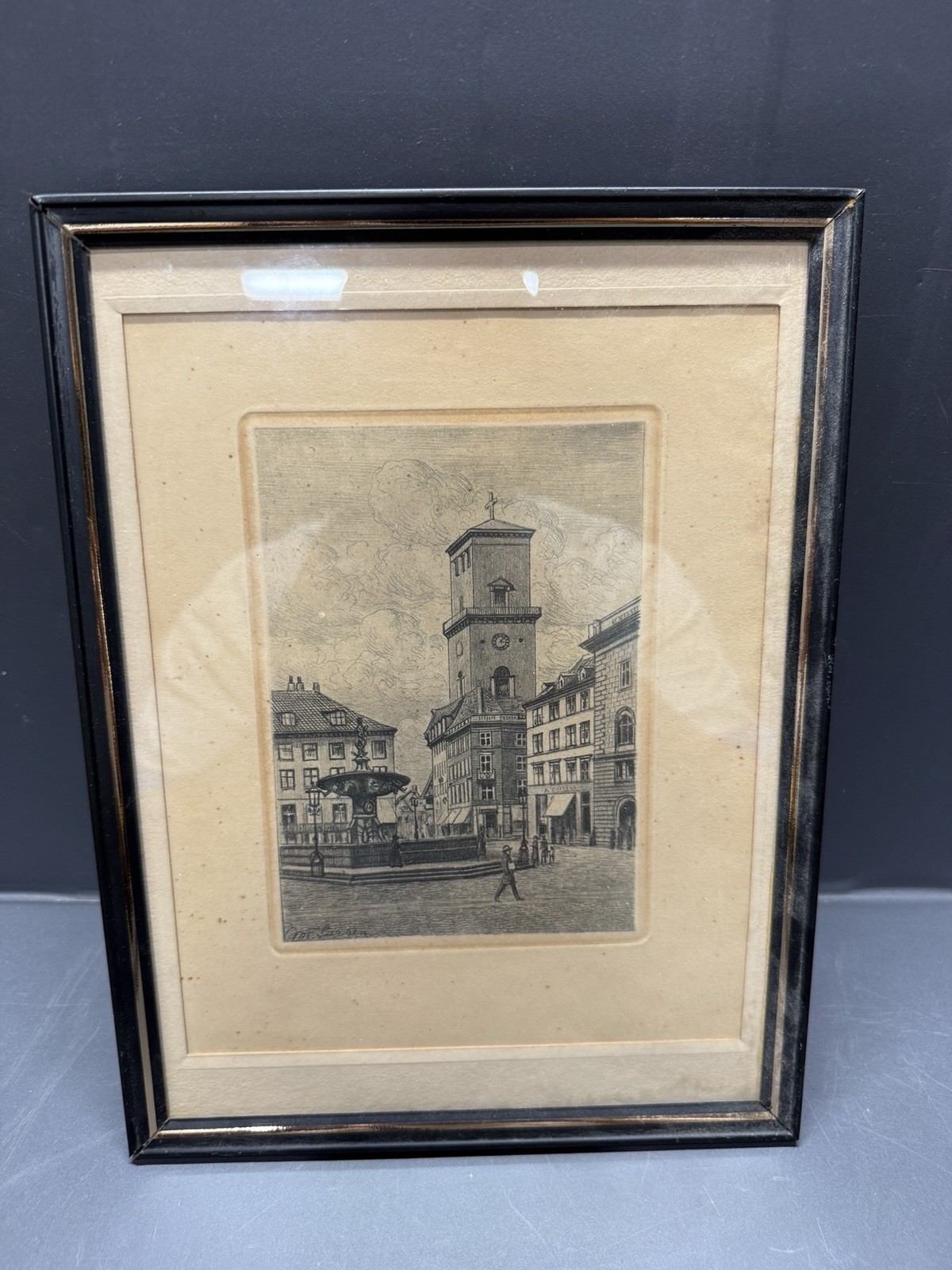 Original Signed Otto Larsen Etching Copenhagen City Square Fountain c1920s
