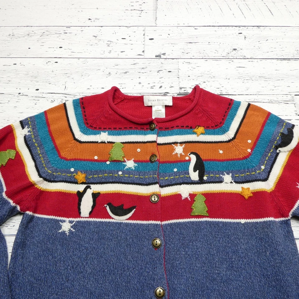 Suéter Vintage Susan Bristol Mujer Grande Azul Cárdigan Pingüinos Navidad Años 00 Foto 2 de 4