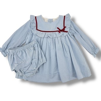 Edgehill Collection Blue Corduroy Dress Set Baby Girl Sz 12M Velvety Bow Bloomer