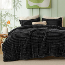 Fluffy Comforter Set Queen - Super Soft Faux Fur Bed Set Black, All Seasons Warm